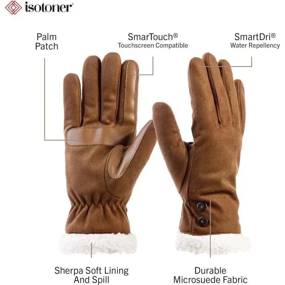 Women's Cogance Water Repellent Microsuede Gloves Sherpa Lined Button Detail
